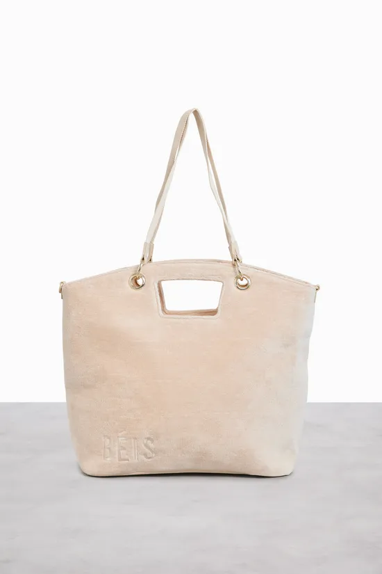 Beis Terry Tote borsa mare spugna beige
